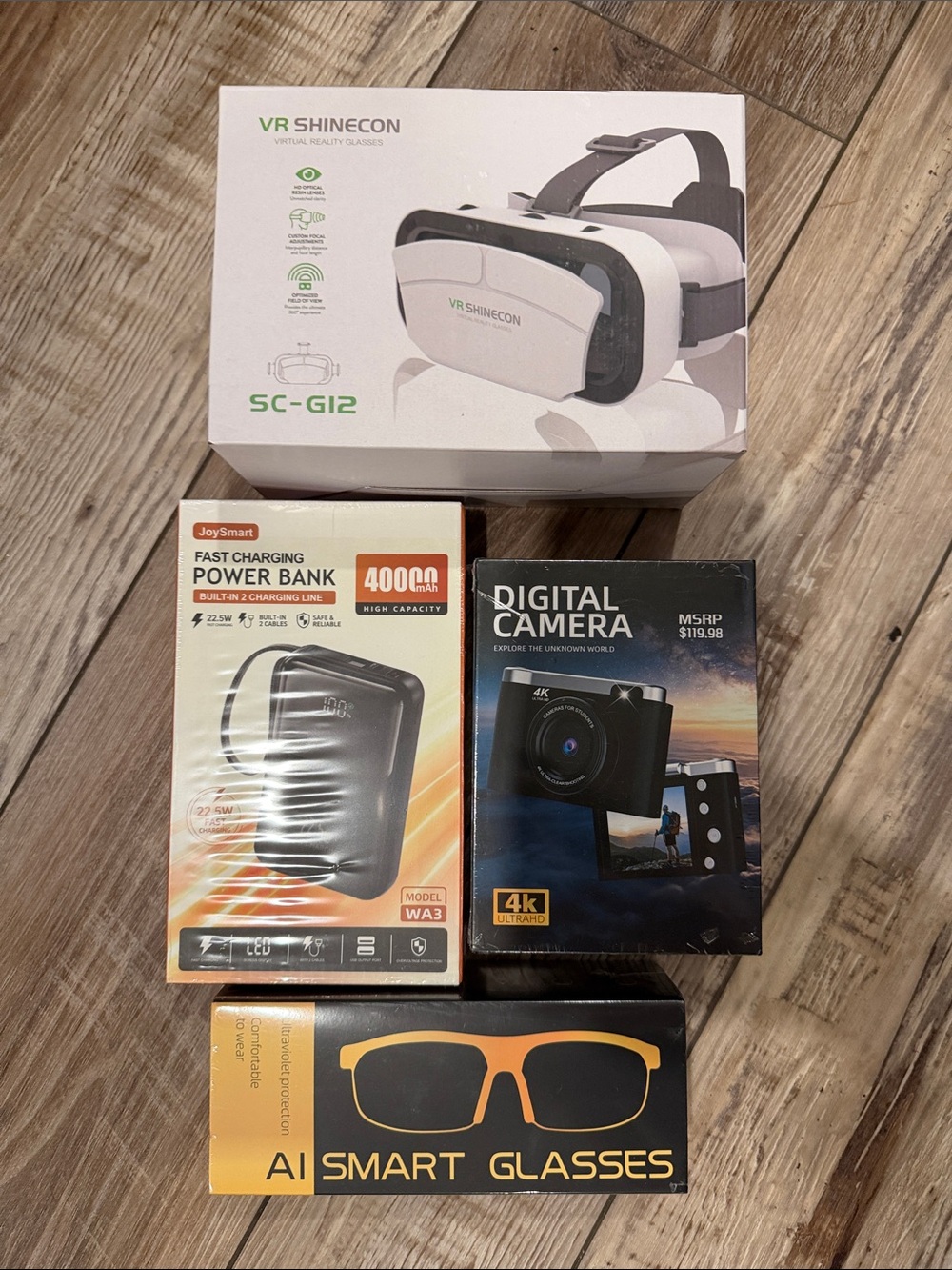 White VR Headset, Power Bank, Digital Camera & Smart Glasses